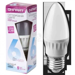 Лампа ОНЛАЙТ диодная С37-6-4К-Е27 свеча /71631/