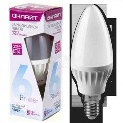 Лампа ОНЛАЙТ диодная С37-6-6,5К-Е14 свеча /61127/
